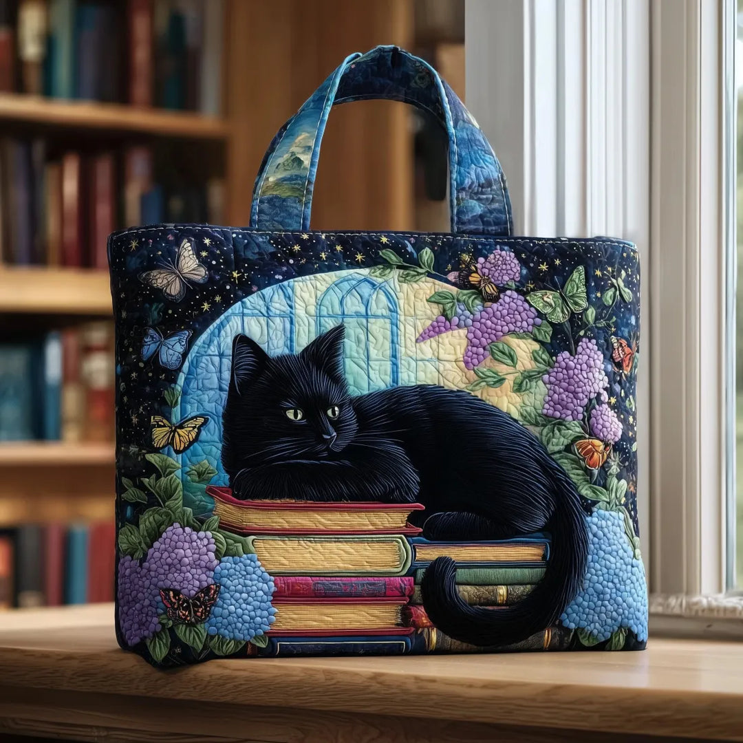 Handmade Tote Bag - Black Cat on Books