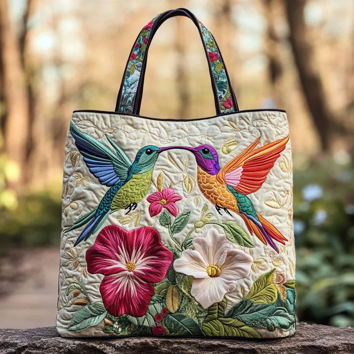 Quilted Tote Bag - Hummingbirds and White Flowers