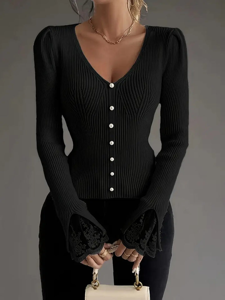 Isabella – Ribbed V-Neck Knit with Lace Sleeves