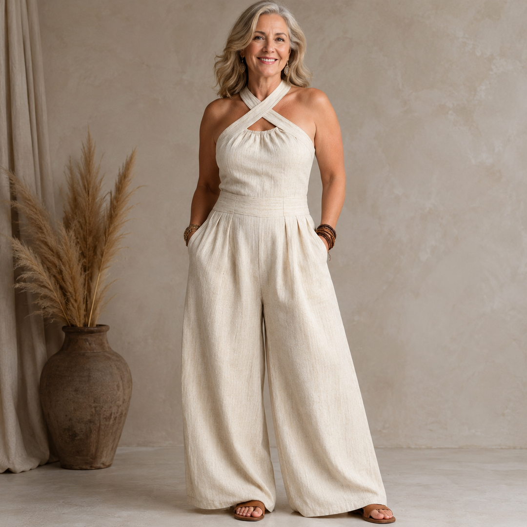 Bianca | Linen and Cotton Jumpsuit with Elegant Cross-Neckline