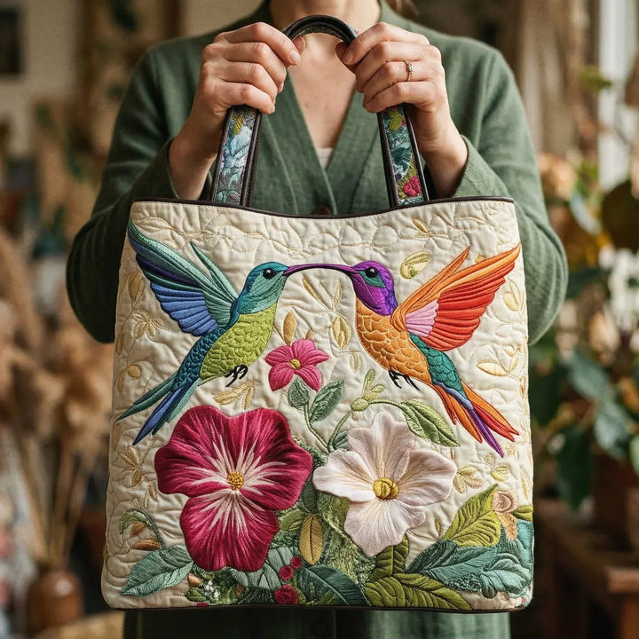 Quilted Tote Bag - Hummingbirds and White Flowers