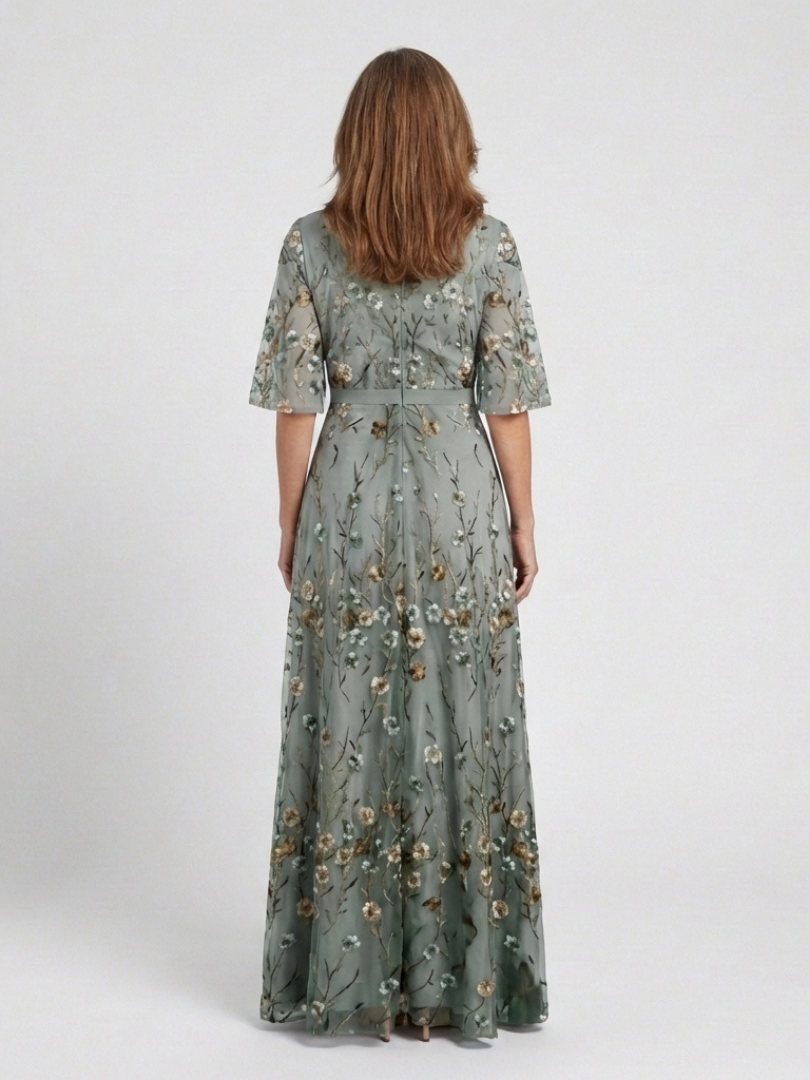 EVADNE™ | Floral V Neck Short Sleeve Maxi Dress